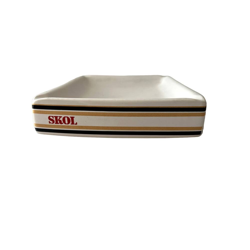 SKOL Ceramic Ashtray White Black Gold Red Excellent Castle Associates